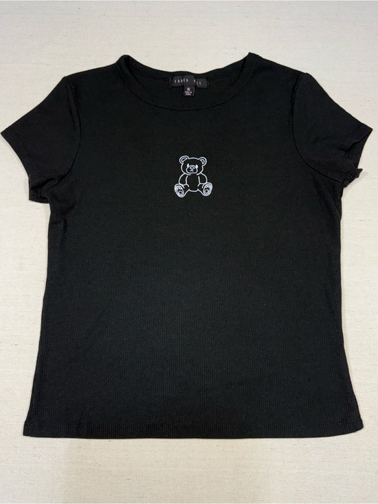 Faded Rose Tops - Faded Rose - Black Ribbed Tee with Embroidered Teddy - Size XL